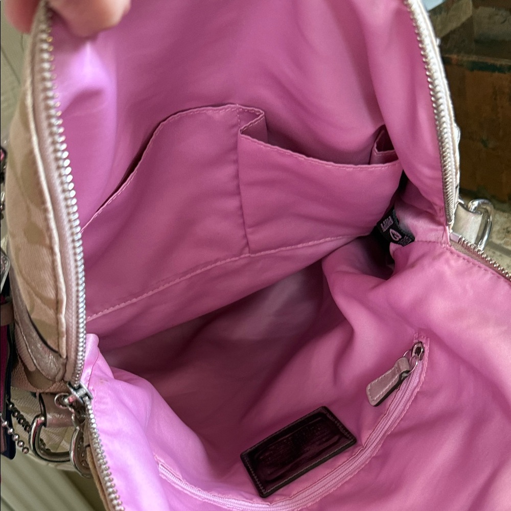 Coach Beige Signature Canvas Shoulder Bag with Purple & Orange Floral Appliqués - Picture 15 of 16